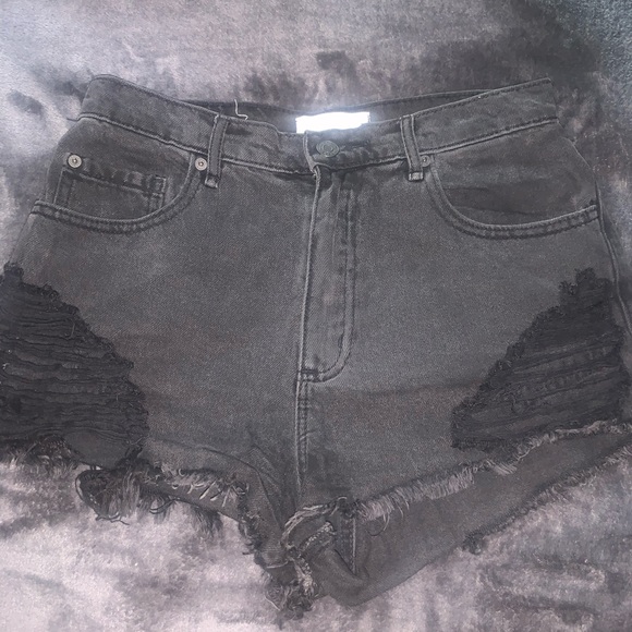 Women’s High-Waisted Distressed Black Denim Shorts - Picture 2 of 9